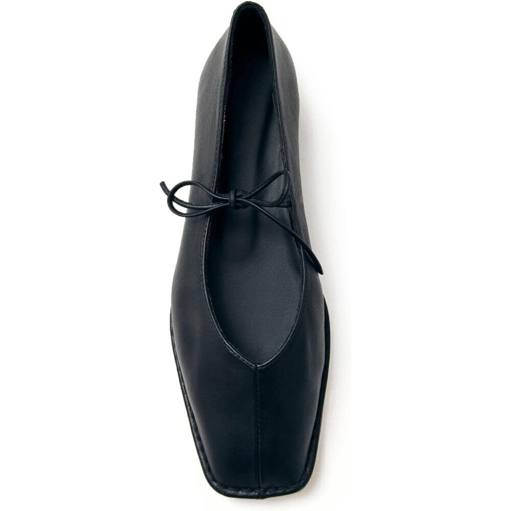 Women Black Faux Leather Square Toe Lace Up Ballerina Ballet Slip On Flats